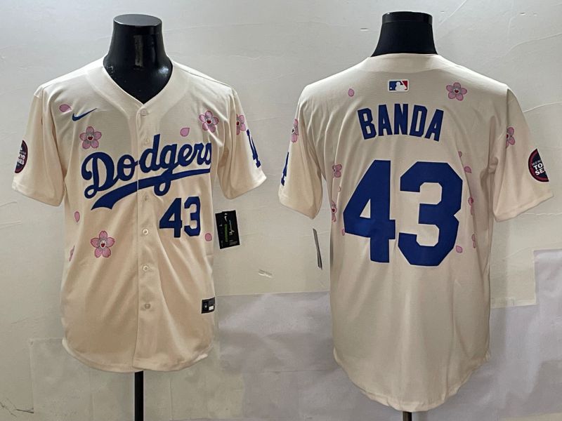 Men Los Angeles Dodgers 43 Banda Cream White Blue Sakura Edition 2025 Nike MLB Jersey style 4